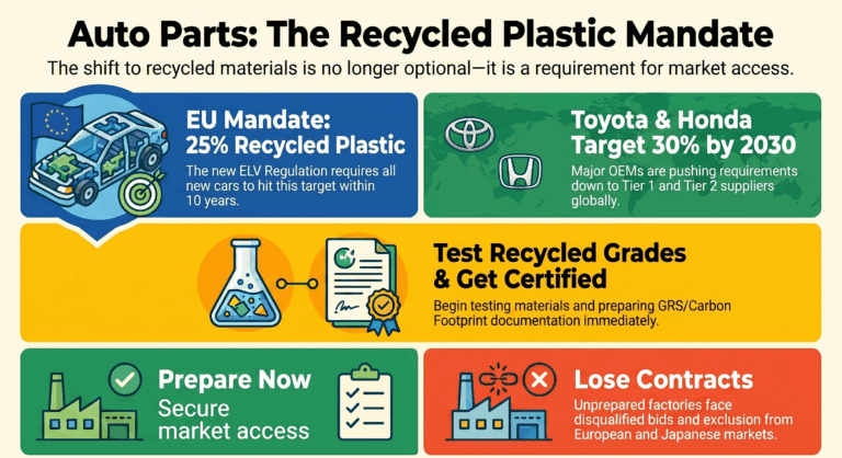 อัปเดตอุตสาหกรรมชิ้นส่วนยานยนต์ เมษายน 2569 : EU บังคับใช้ Recycled Plastic, Toyota ตั้งเป้าใช้ 30% และญี่ปุ่นกำหนด Action Plan — ซัพพลายเชนไทยเตรียมตัวอย่างไร?