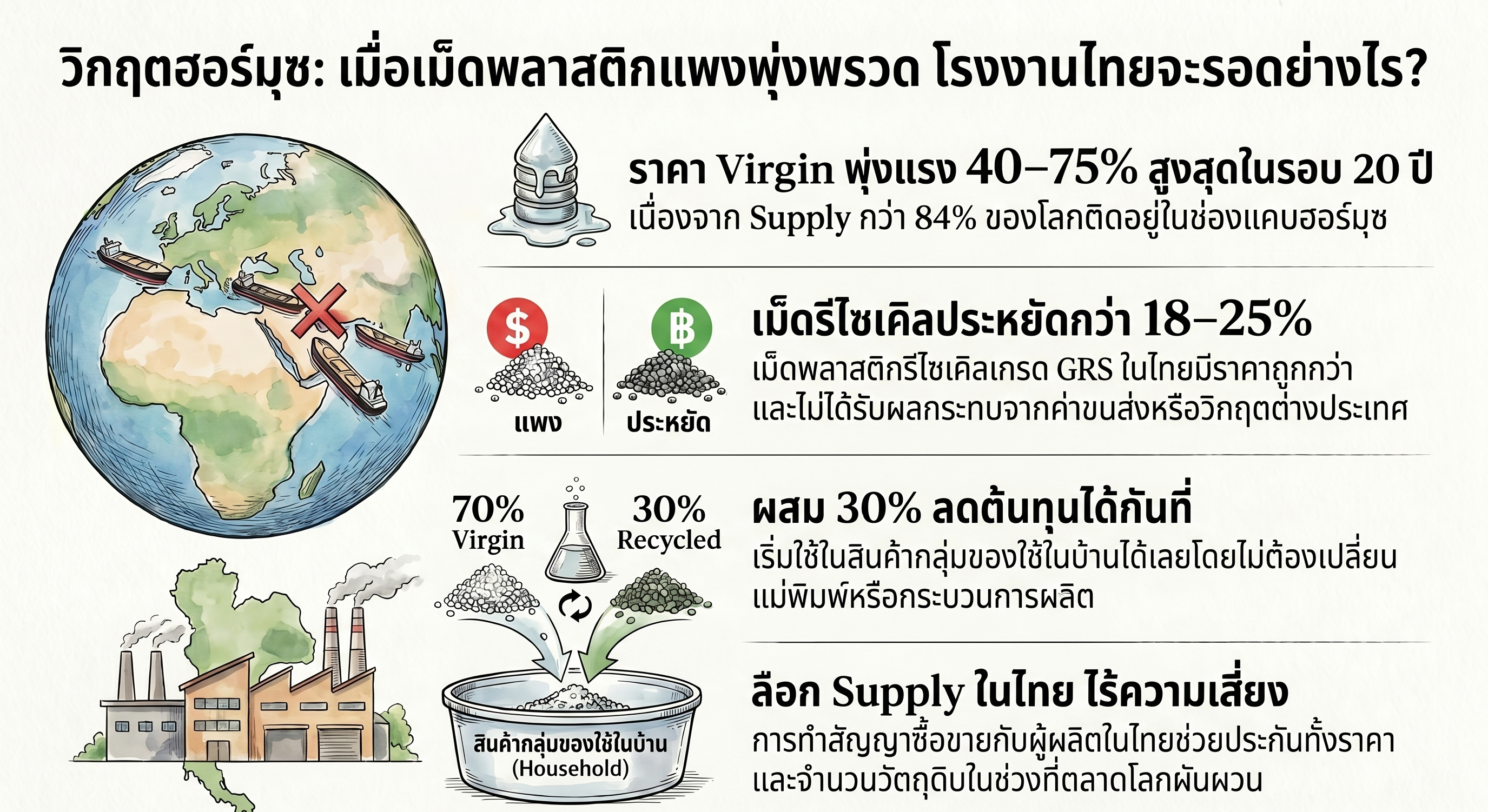 Infographic about plastic pollution and recycling: globe with ships crossed out, icons for virgin (red) and recycled (green) plastic, and a factory emitting smoke clarified in Thai text (informational).